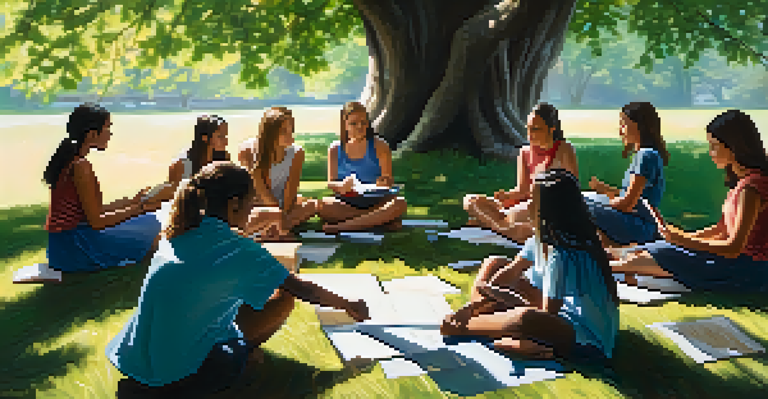 Young women participating in a political workshop outdoors, sitting in a circle on the grass under a tree, taking notes and discussing.