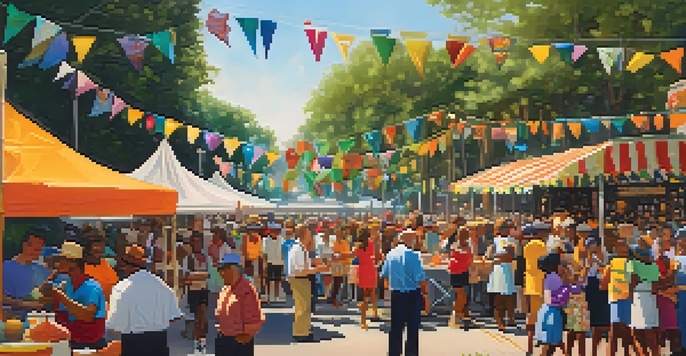 A lively street festival in Louisiana with a diverse crowd, colorful decorations, food stalls, and musicians playing jazz.