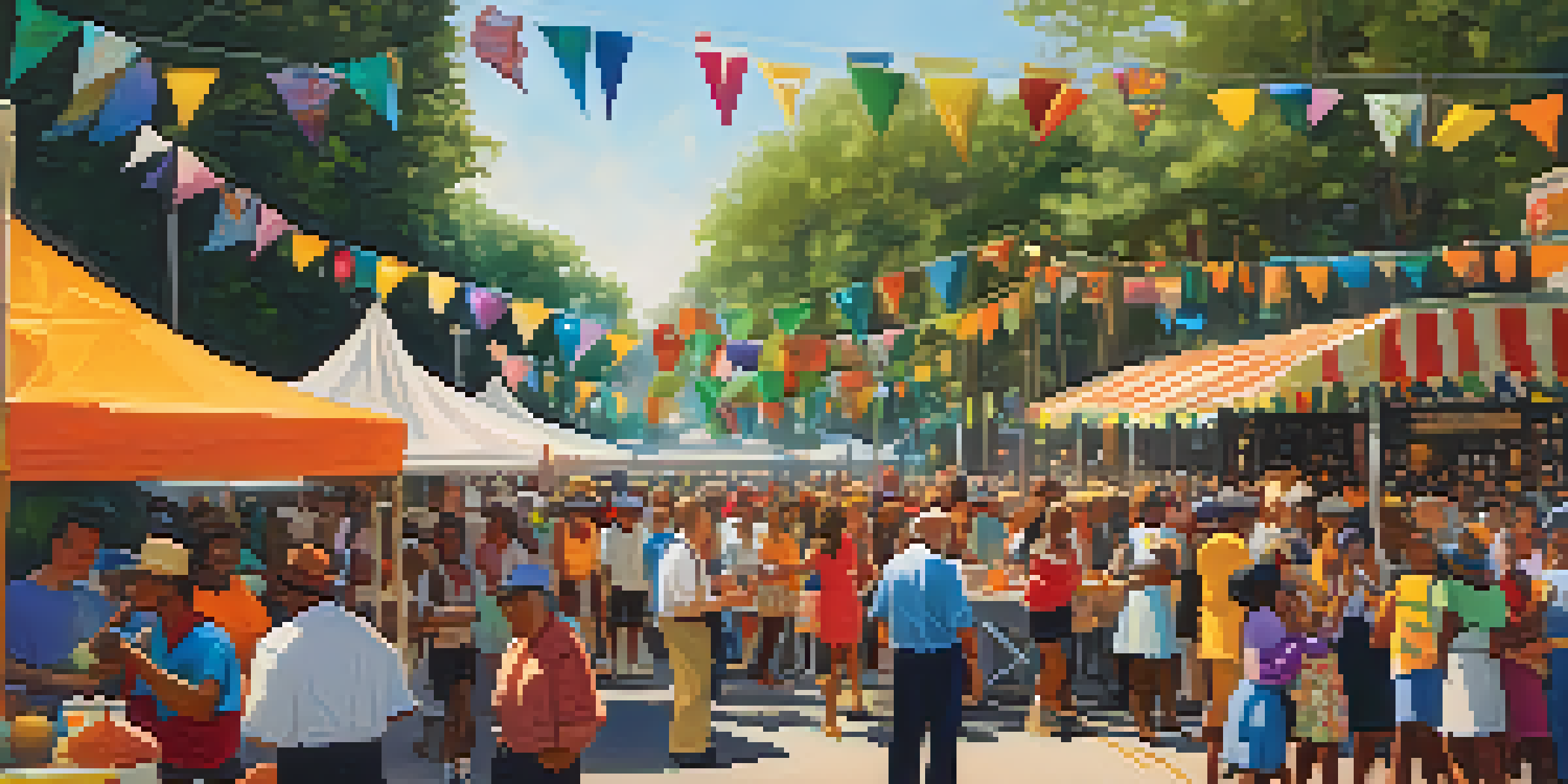 A lively street festival in Louisiana with a diverse crowd, colorful decorations, food stalls, and musicians playing jazz.