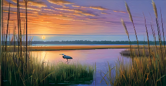 A tranquil view of Louisiana's wetlands during sunset with a heron in the foreground.