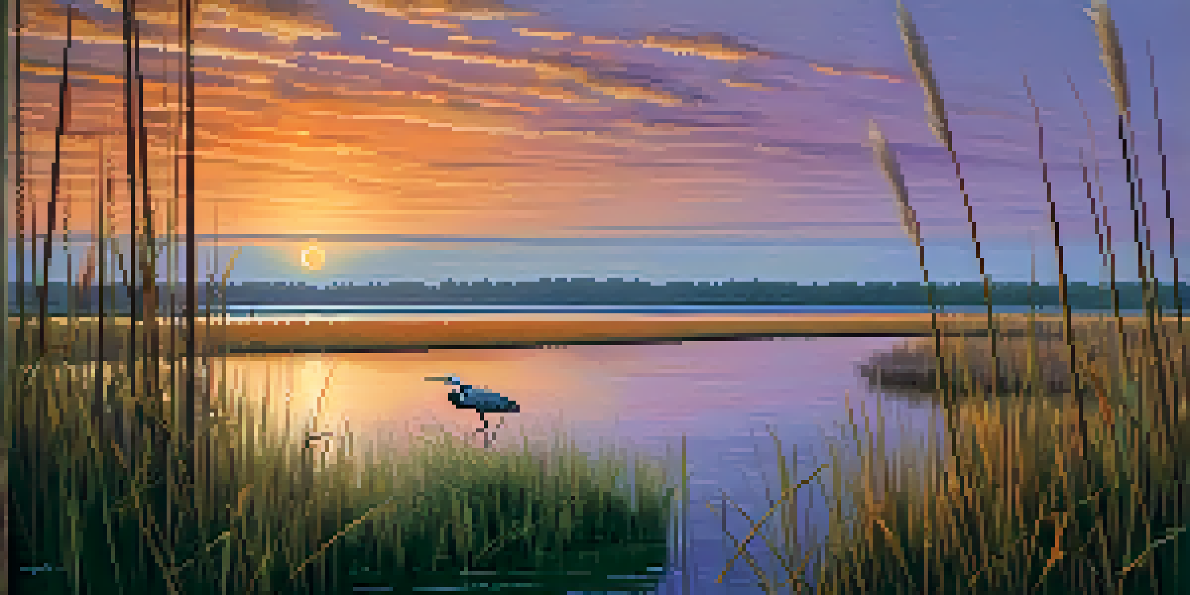A tranquil view of Louisiana's wetlands during sunset with a heron in the foreground.