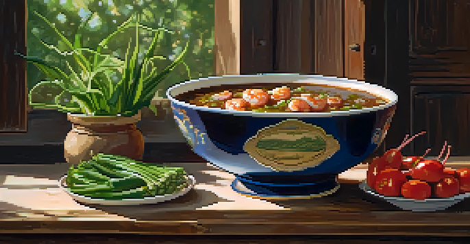 A colorful bowl of gumbo featuring shrimp, sausage, and okra, with green onion garnish, placed on a wooden table beside French bread and iced tea in sunlight.