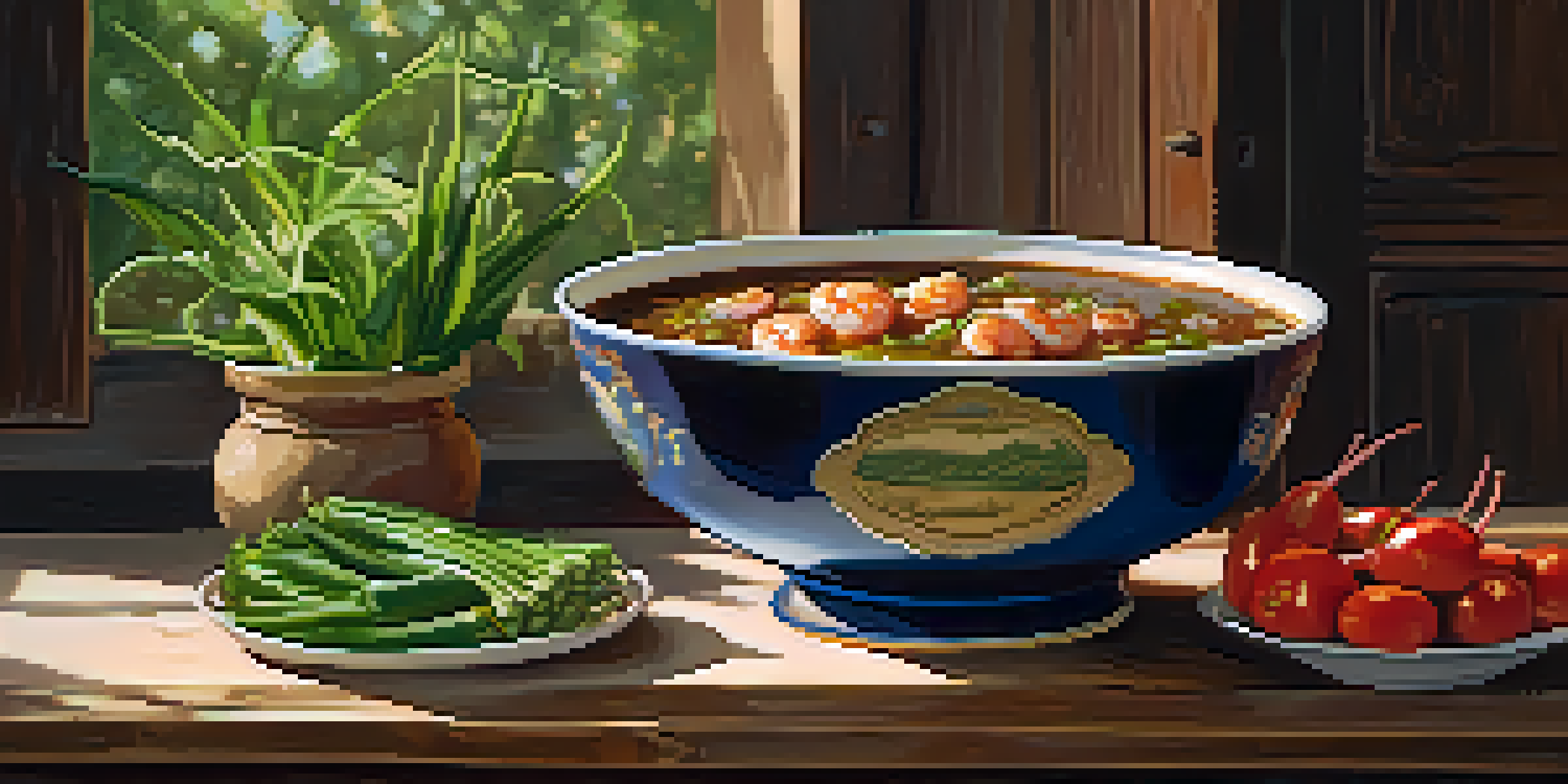A colorful bowl of gumbo featuring shrimp, sausage, and okra, with green onion garnish, placed on a wooden table beside French bread and iced tea in sunlight.