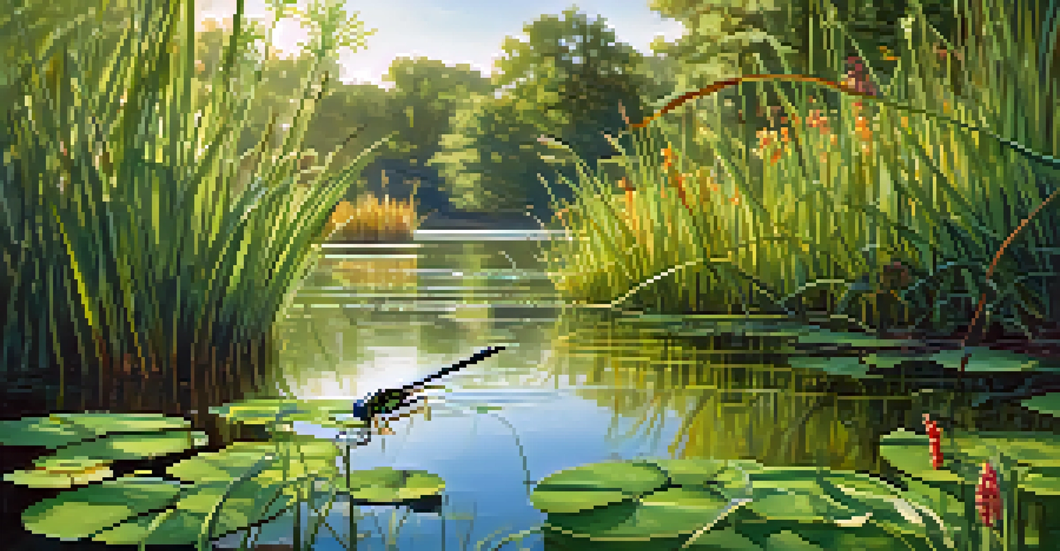 A close-up view of a wetland with diverse plants, a frog on a leaf, and dragonflies above the water.