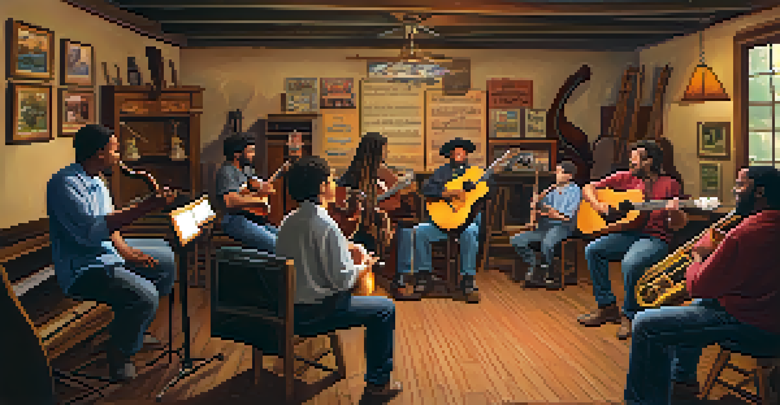A local music workshop with a seasoned musician teaching students surrounded by folk instruments in a warmly lit, rustic room.