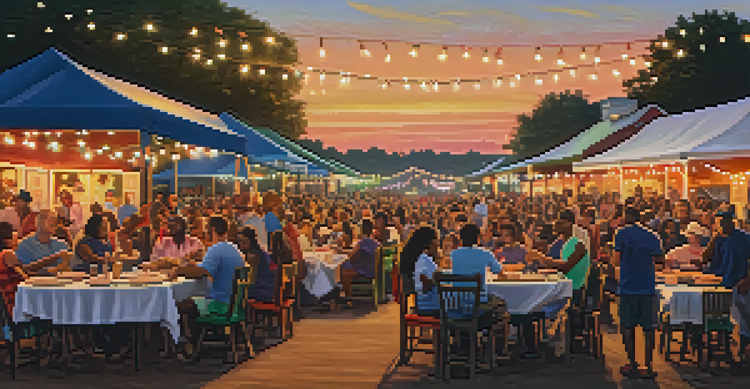 A lively outdoor festival scene in Louisiana with people sharing food, colorful banners, and a sunset backdrop.