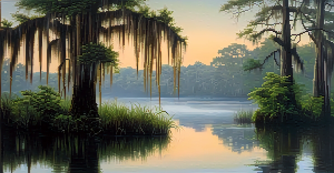 A peaceful morning scene of the Louisiana Bayou with mist rising from the water and a cypress tree covered in Spanish moss.