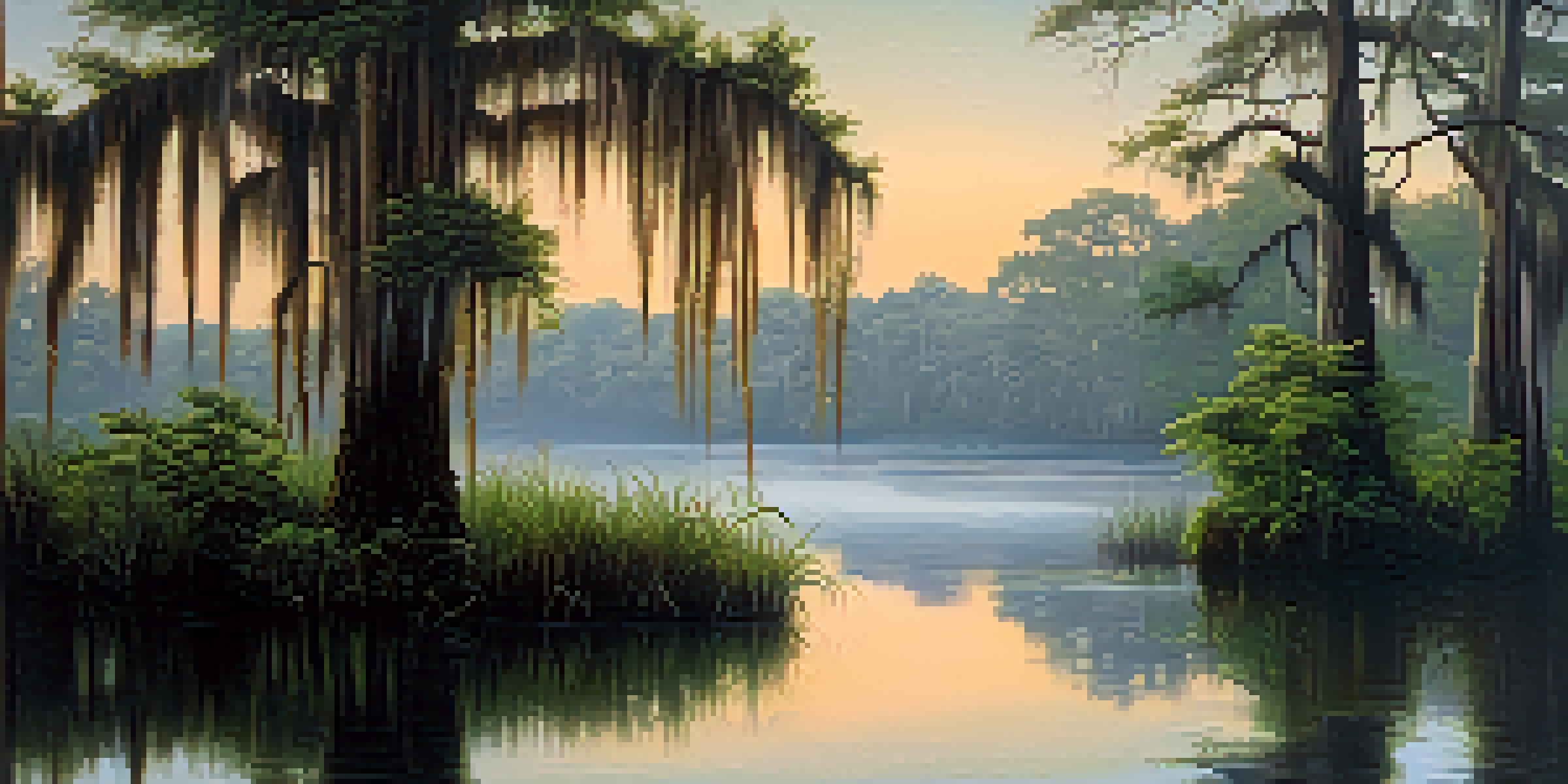 A peaceful morning scene of the Louisiana Bayou with mist rising from the water and a cypress tree covered in Spanish moss.