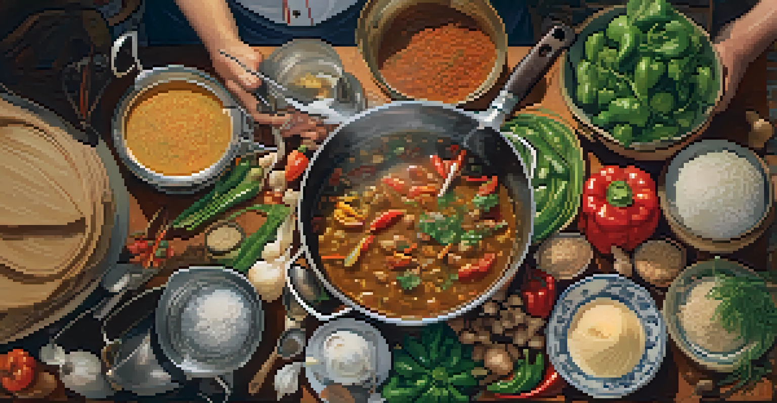 An overhead view of a chef stirring a large pot of gumbo in a warm-colored kitchen, surrounded by fresh vegetables and cooking utensils.