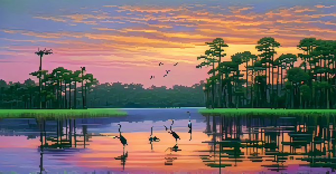 A beautiful sunset over a swamp in Louisiana with cypress trees and egrets flying.