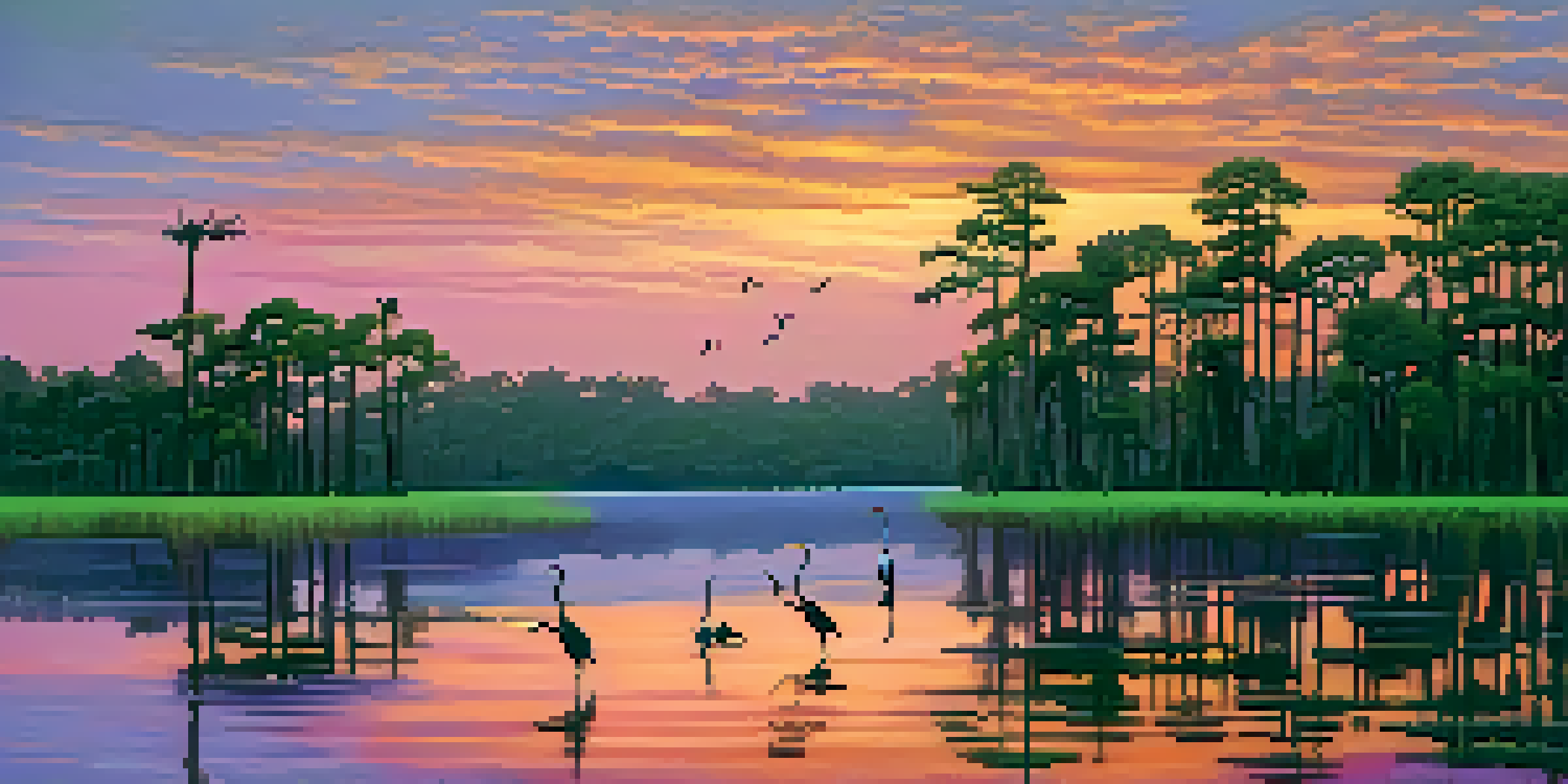 A beautiful sunset over a swamp in Louisiana with cypress trees and egrets flying.