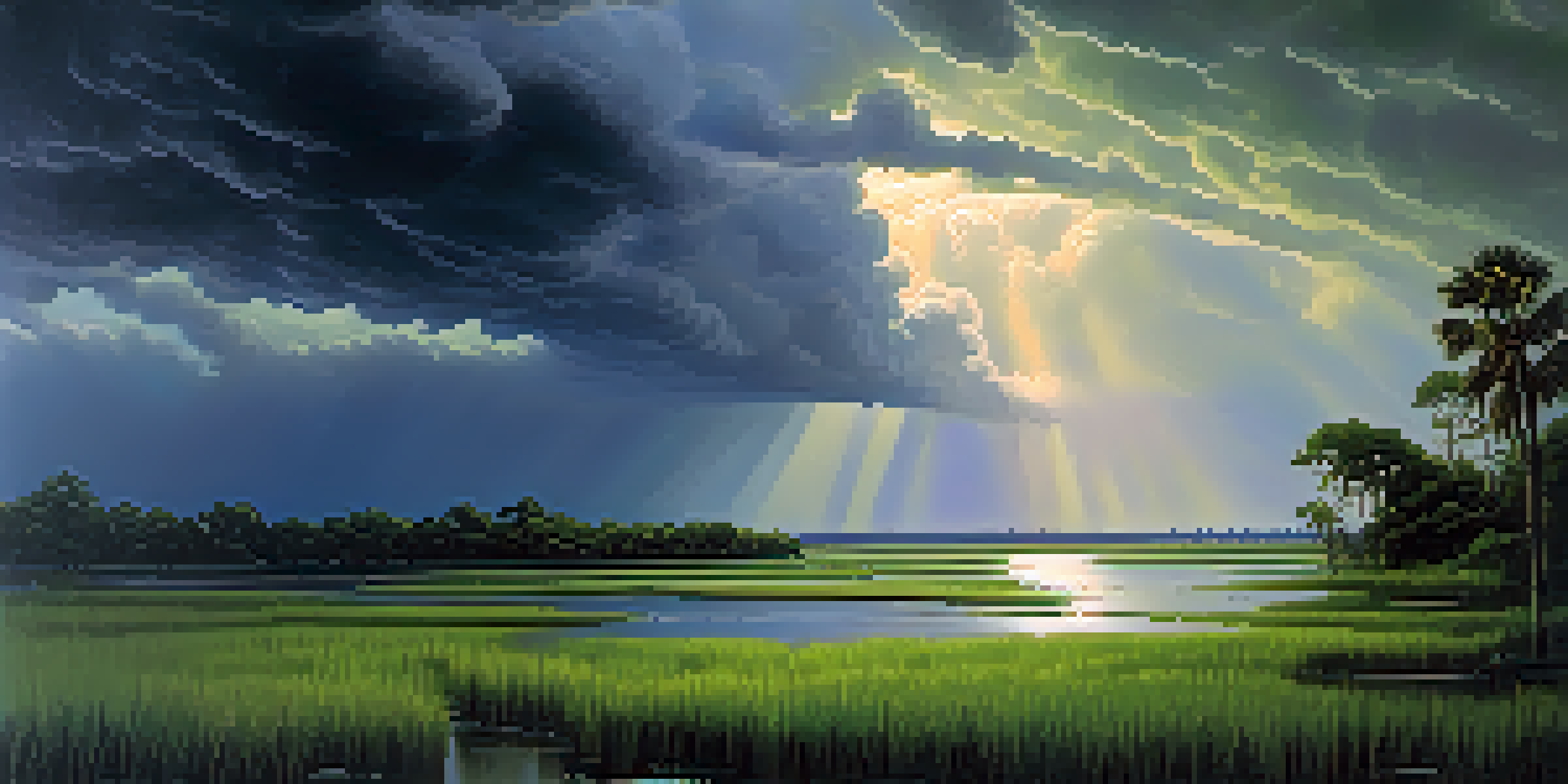 A coastal landscape in Louisiana showing dark storm clouds over a bayou with lush green wetlands and crashing waves, illuminated by sunlight breaking through the clouds.