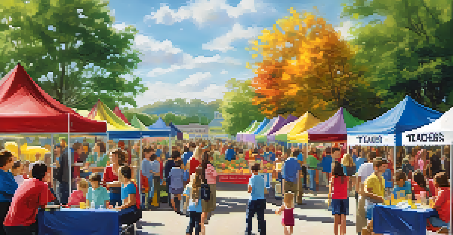 An outdoor community event with families and local businesses supporting teachers, featuring colorful banners and children playing in a sunny setting.