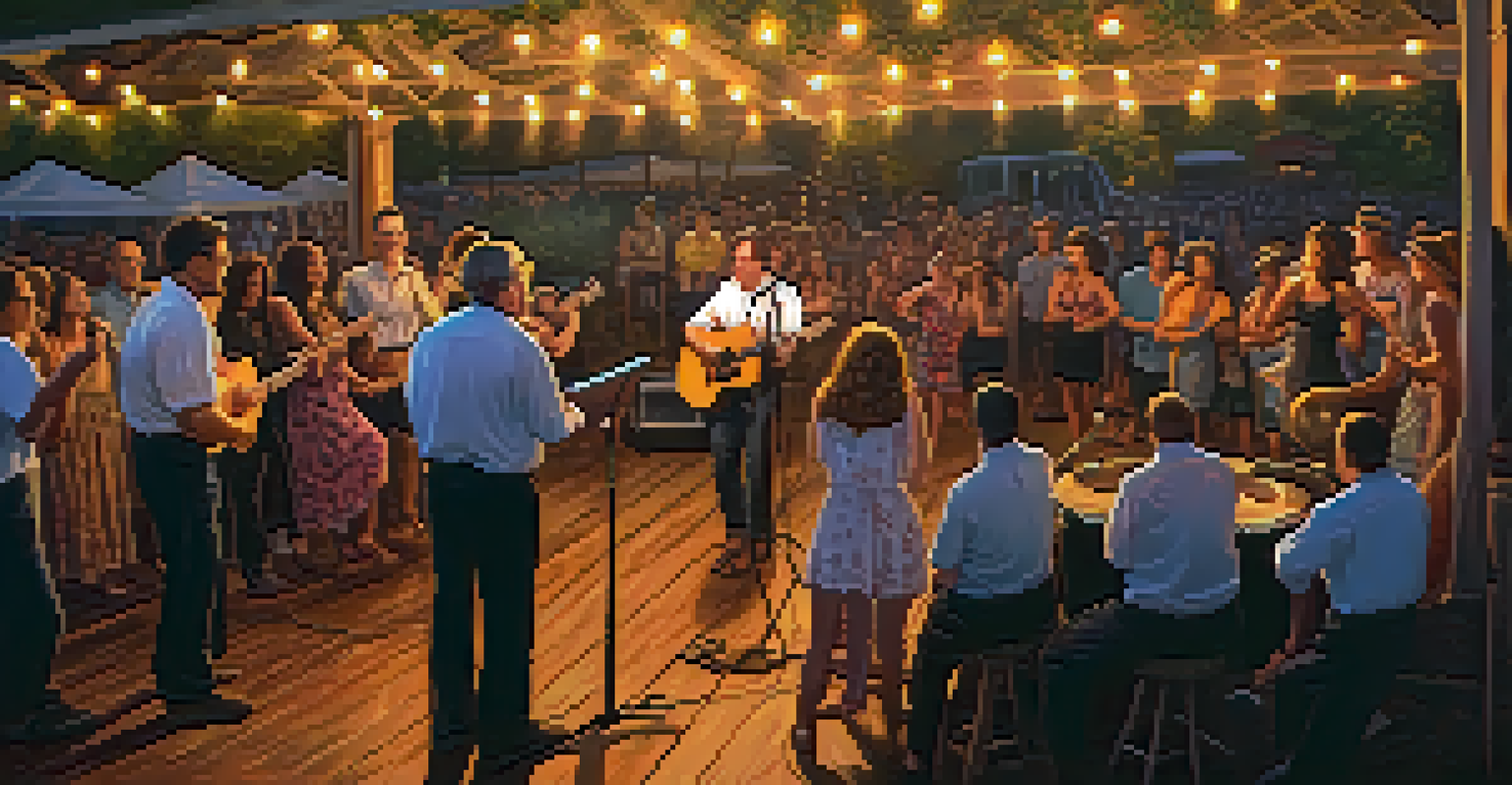 A local band performing Cajun music at sunset during the Louisiana Sugar Cane Festival, with an audience dancing in front.