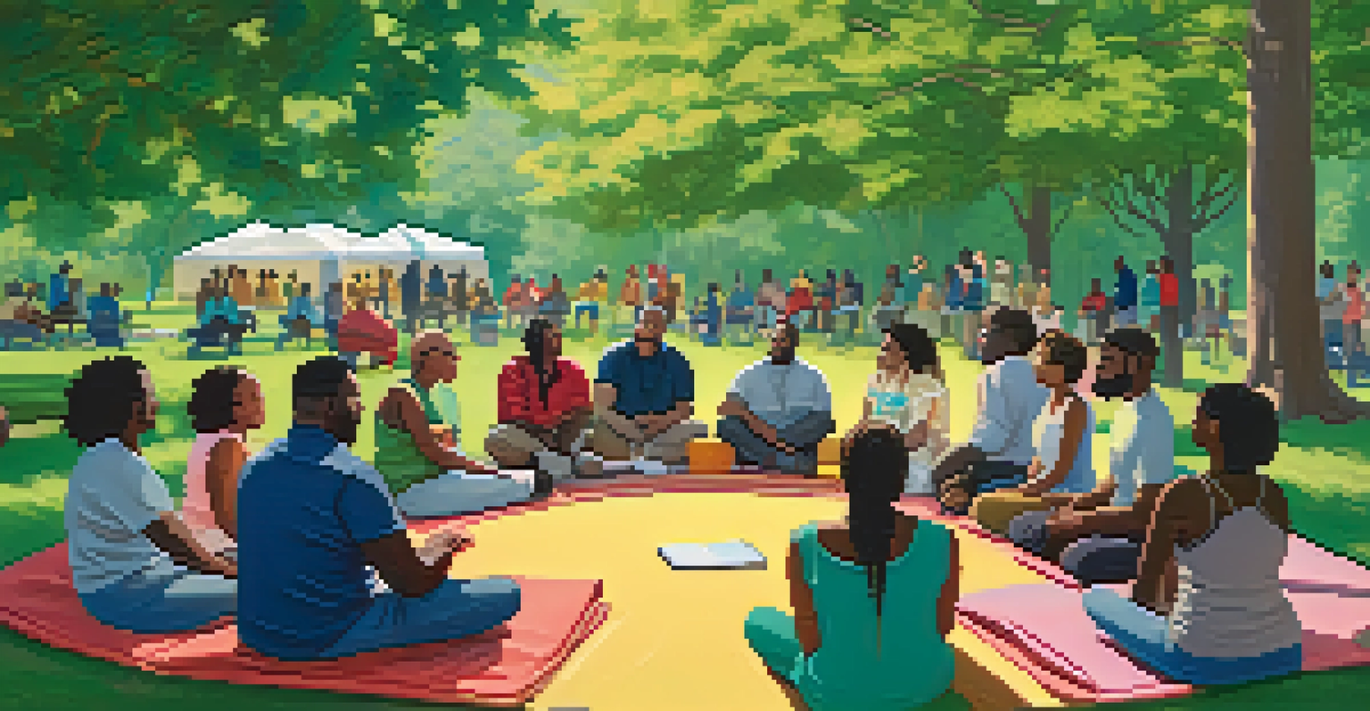 A diverse group of individuals participating in a mental health workshop in a park, surrounded by greenery and flowers.