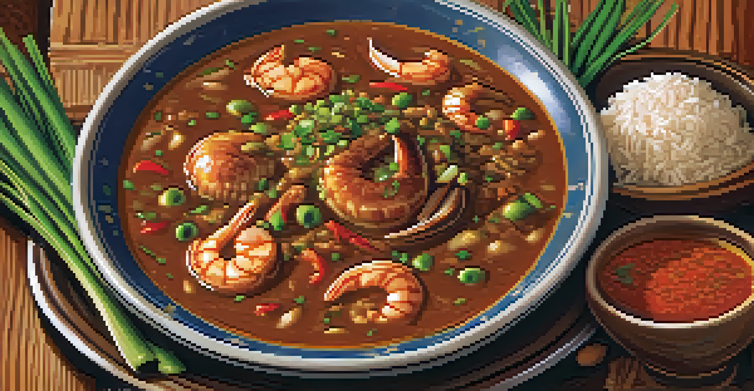 A detailed view of a plate of gumbo, showcasing its rich textures and colors, surrounded by fresh ingredients on a wooden table.