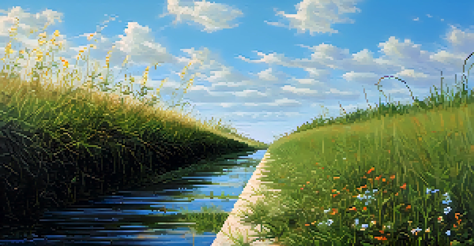 A close-up view of a levee in Louisiana, showcasing its textured surface with grass and flowers, under a clear blue sky.