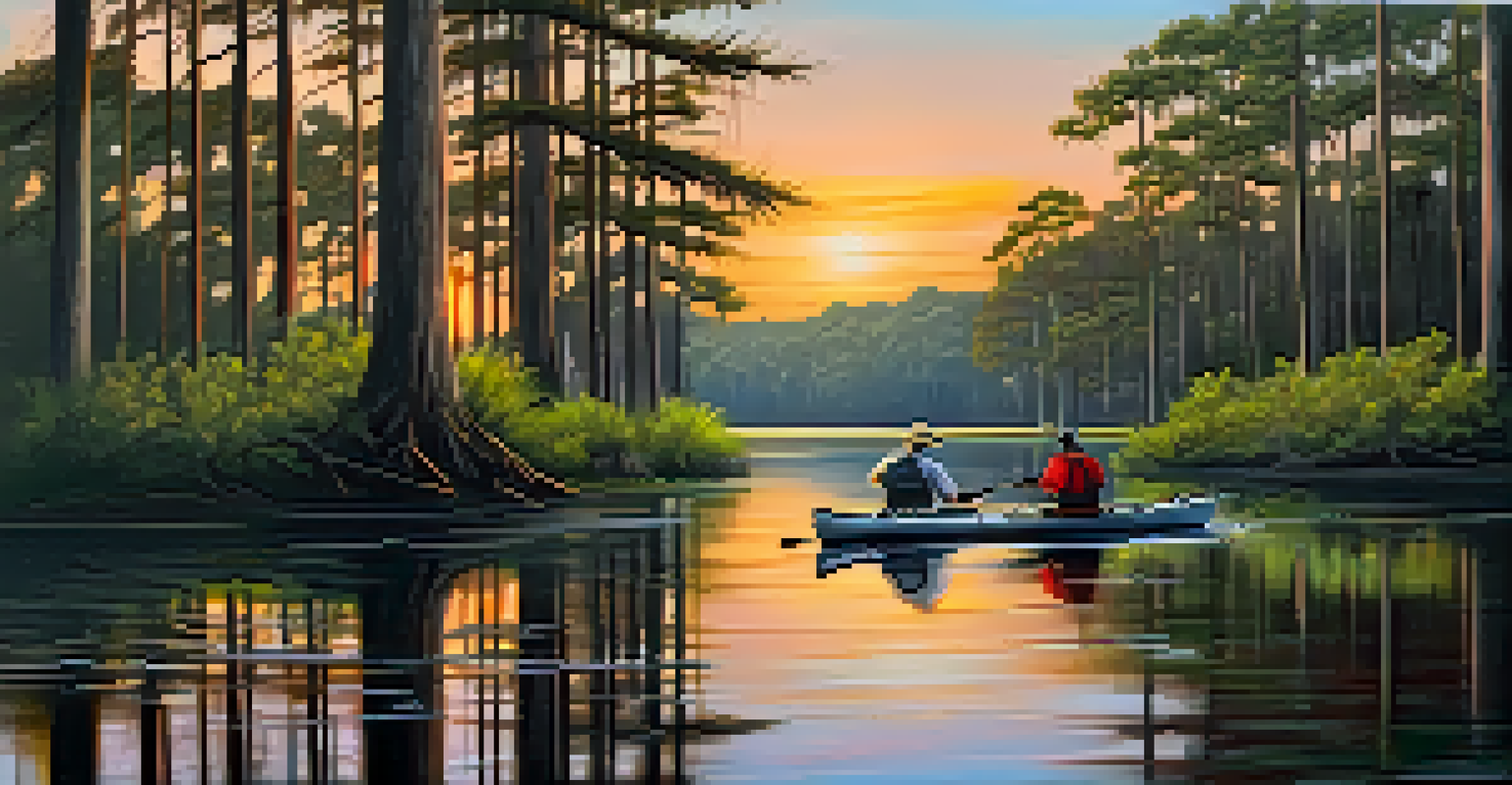 A scenic view of the bayous in Lafayette, Louisiana, featuring cypress trees and a kayaker at sunset.