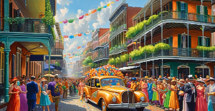 A lively Mardi Gras parade in the French Quarter, with colorful floats and people in costumes celebrating in the streets.