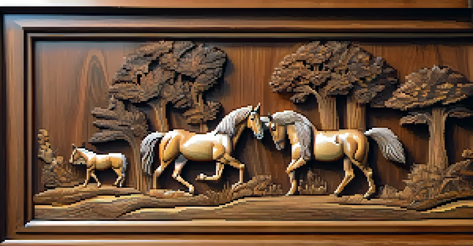 A close-up of a detailed wooden carving showcasing rural Louisiana life, with natural wood textures illuminated by soft light.