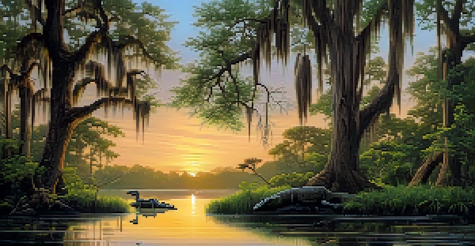 A peaceful Louisiana river at dawn with alligators and birds, surrounded by lush greenery and cypress trees.