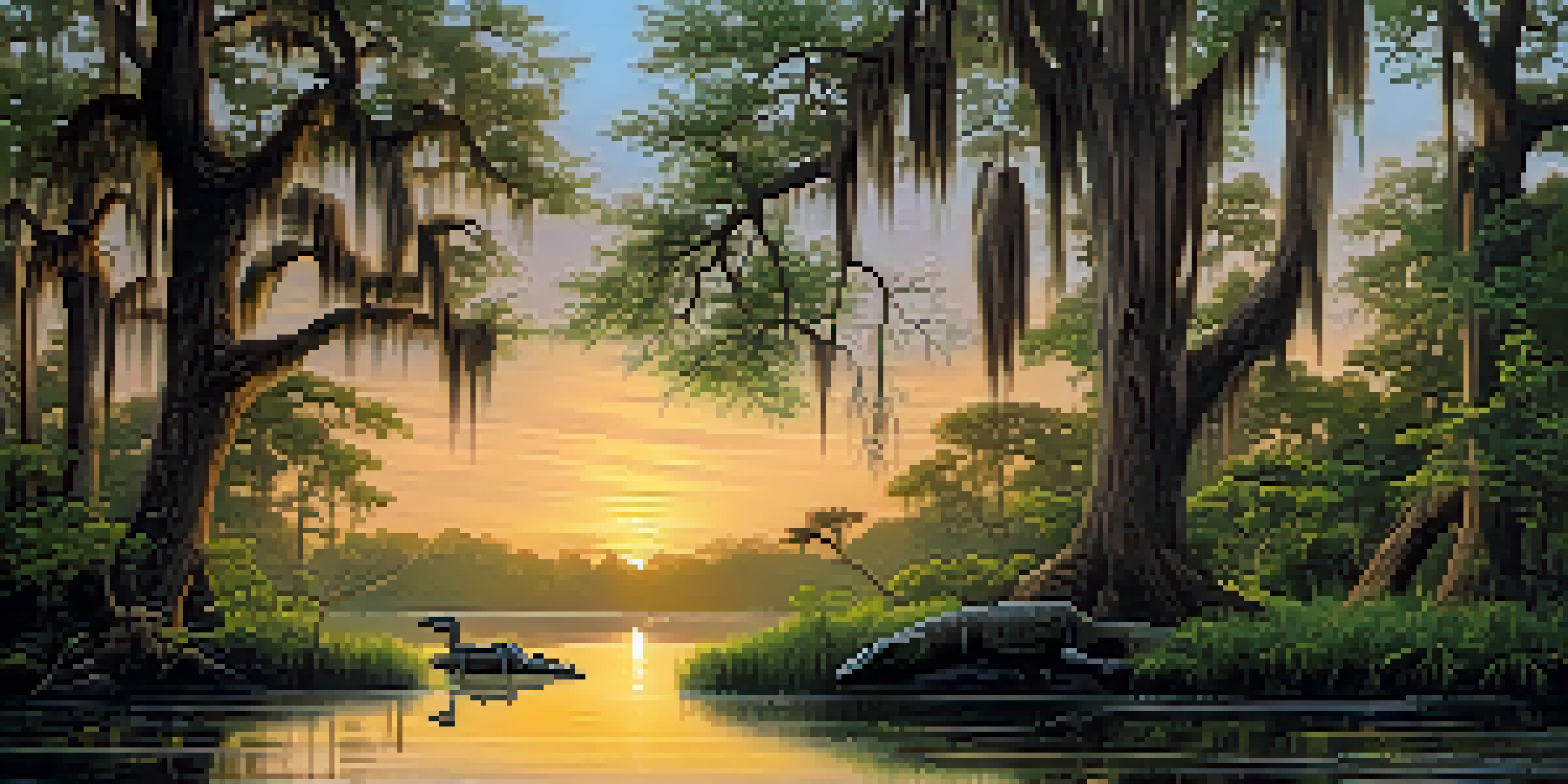 A peaceful Louisiana river at dawn with alligators and birds, surrounded by lush greenery and cypress trees.