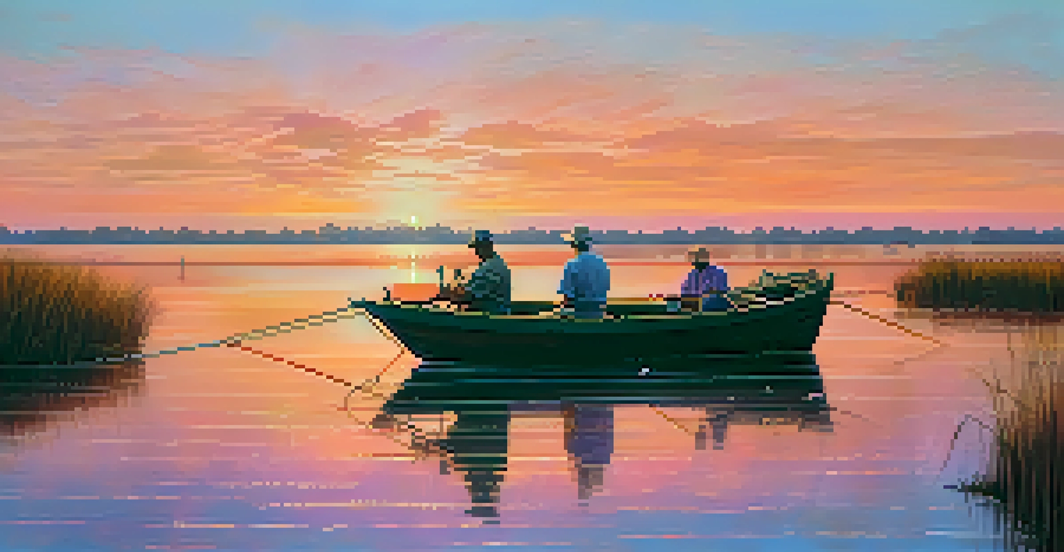 A picturesque Louisiana coastline at sunset, featuring fishermen in boats casting nets into the Gulf of Mexico.