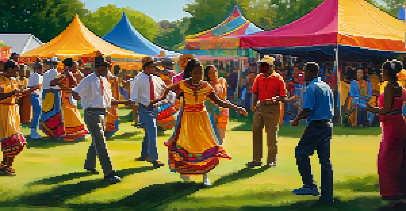 A lively cultural festival on a university campus with colorful decorations, students performing traditional dance, and community members enjoying the event.