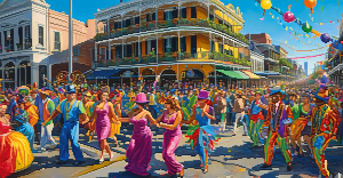 A festive street scene at the Mardi Gras festival with colorful floats and costumed dancers.