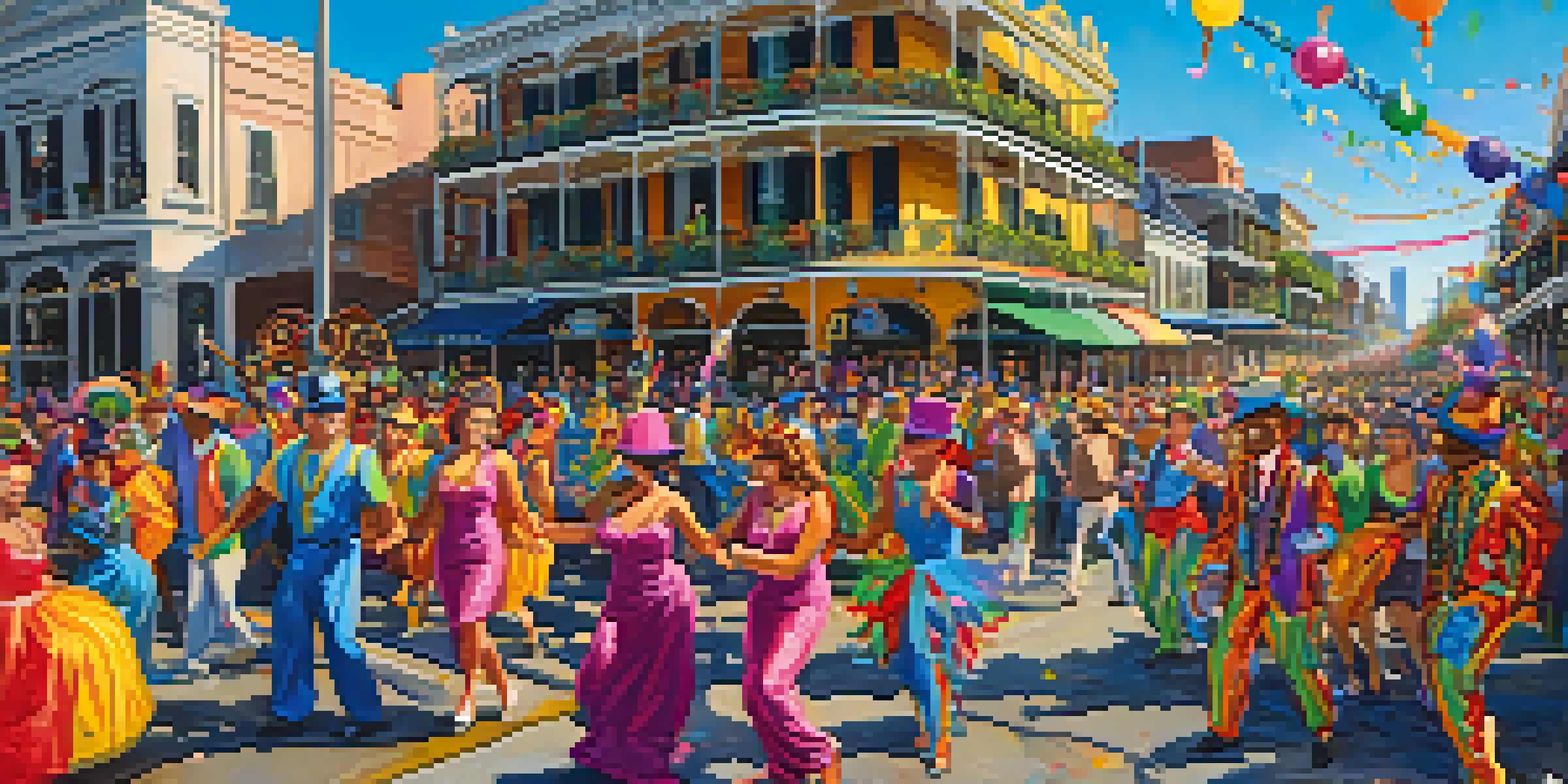 A festive street scene at the Mardi Gras festival with colorful floats and costumed dancers.