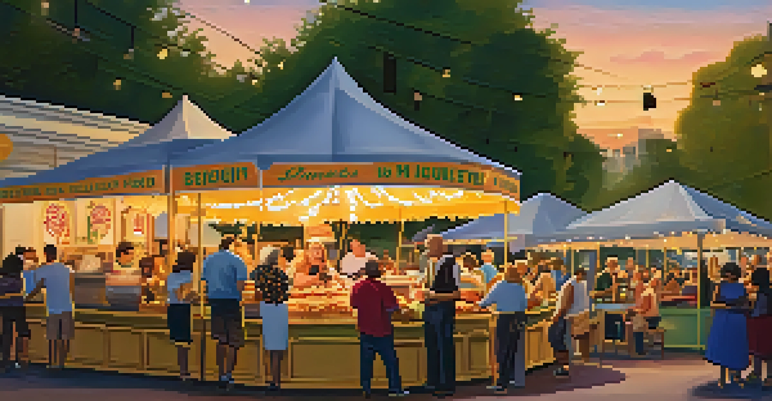 A lively outdoor food festival in Louisiana featuring various iconic dishes and a warm sunset.
