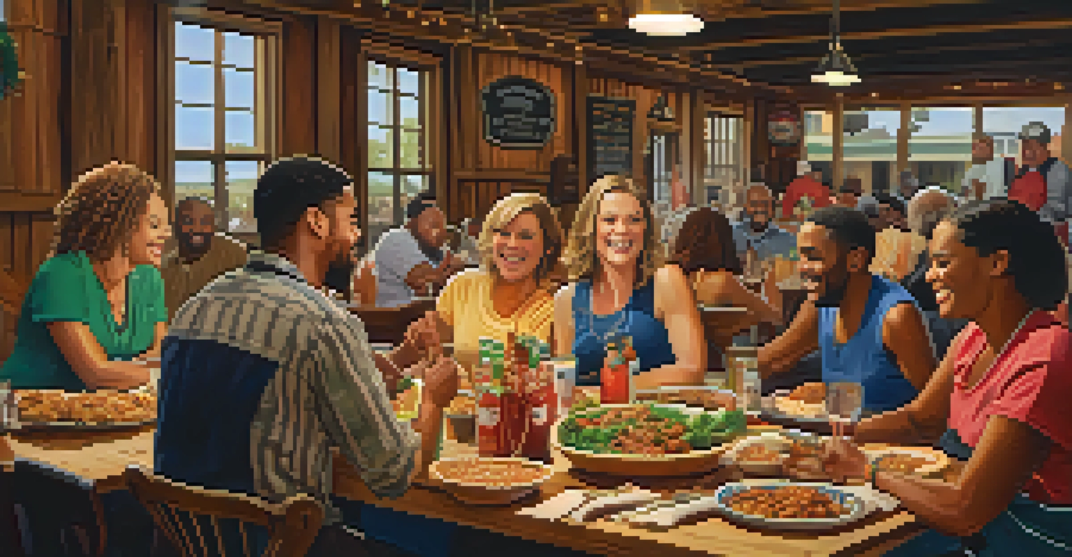 Friends enjoying a communal meal with Cajun and Creole dishes on a large table, creating a lively dining atmosphere.