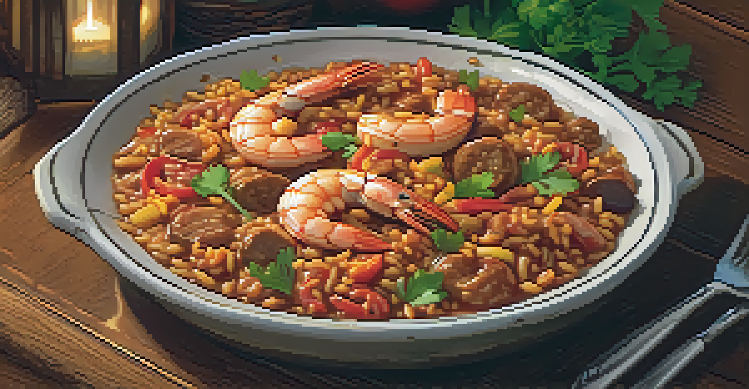 A one-pot meal of jambalaya with shrimp and sausage, garnished with parsley, on a rustic table with candlelight in the background.