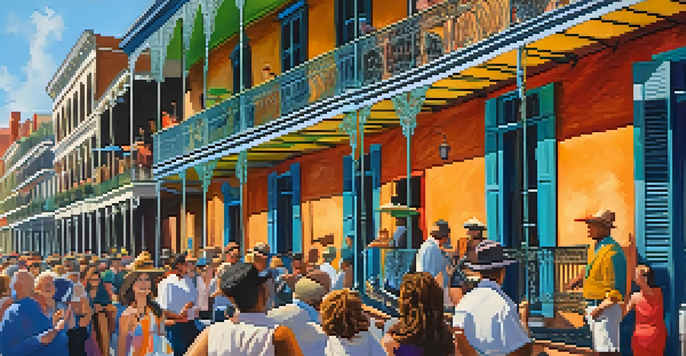 A lively street scene in the French Quarter of New Orleans, featuring colorful historic architecture and street performers.