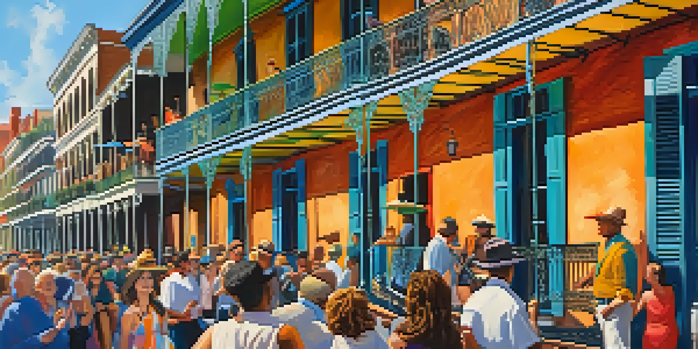 A lively street scene in the French Quarter of New Orleans, featuring colorful historic architecture and street performers.