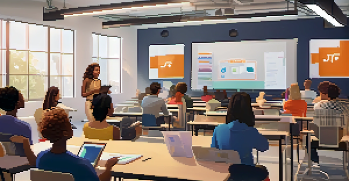 A group of diverse students attending an online lecture in a modern classroom setting, with digital screens and bright lighting.