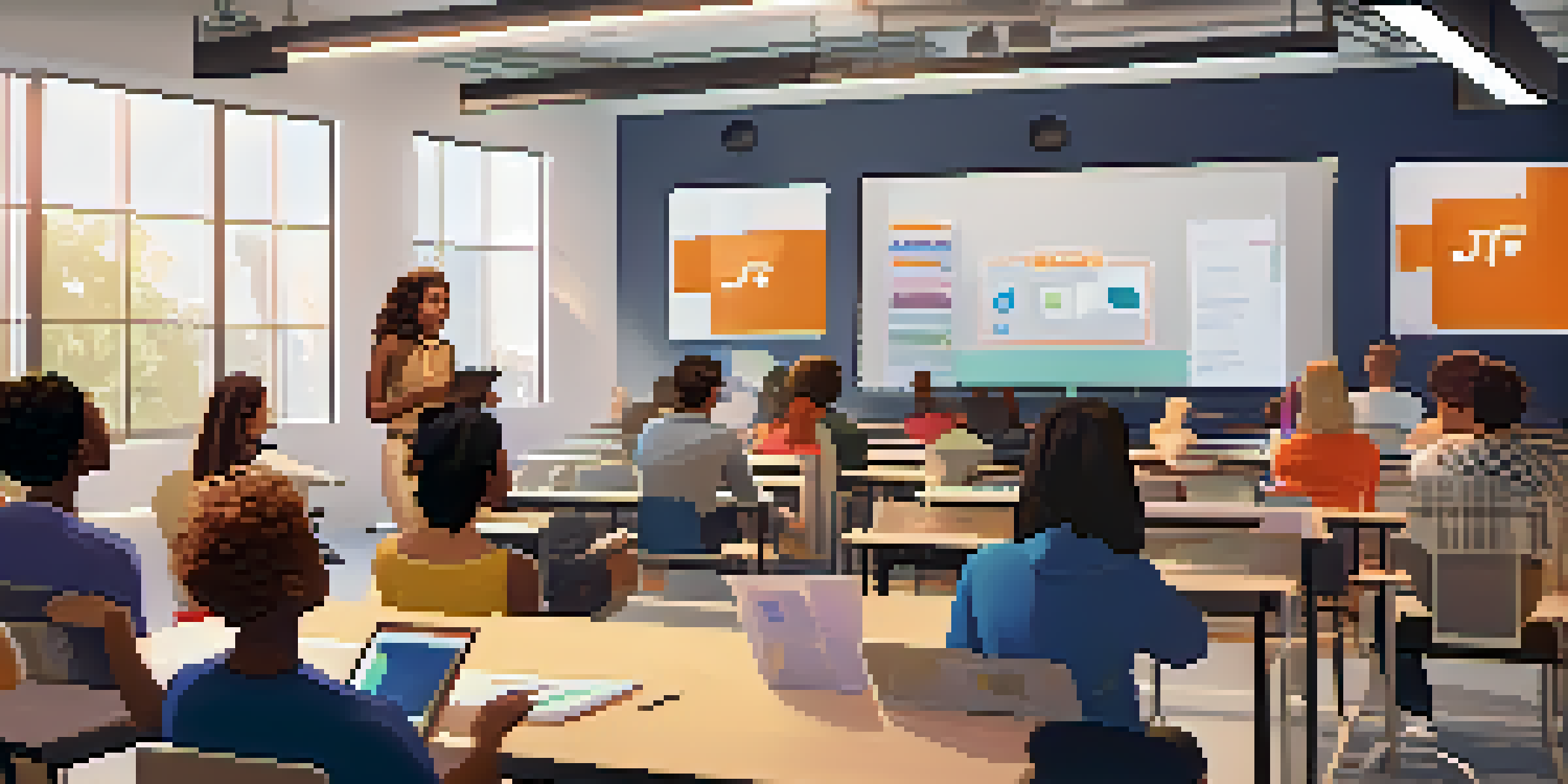 A group of diverse students attending an online lecture in a modern classroom setting, with digital screens and bright lighting.