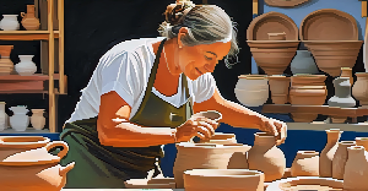 A smiling woman shaping clay on a potter's wheel at a craft booth during a festival, with handmade pottery around her.