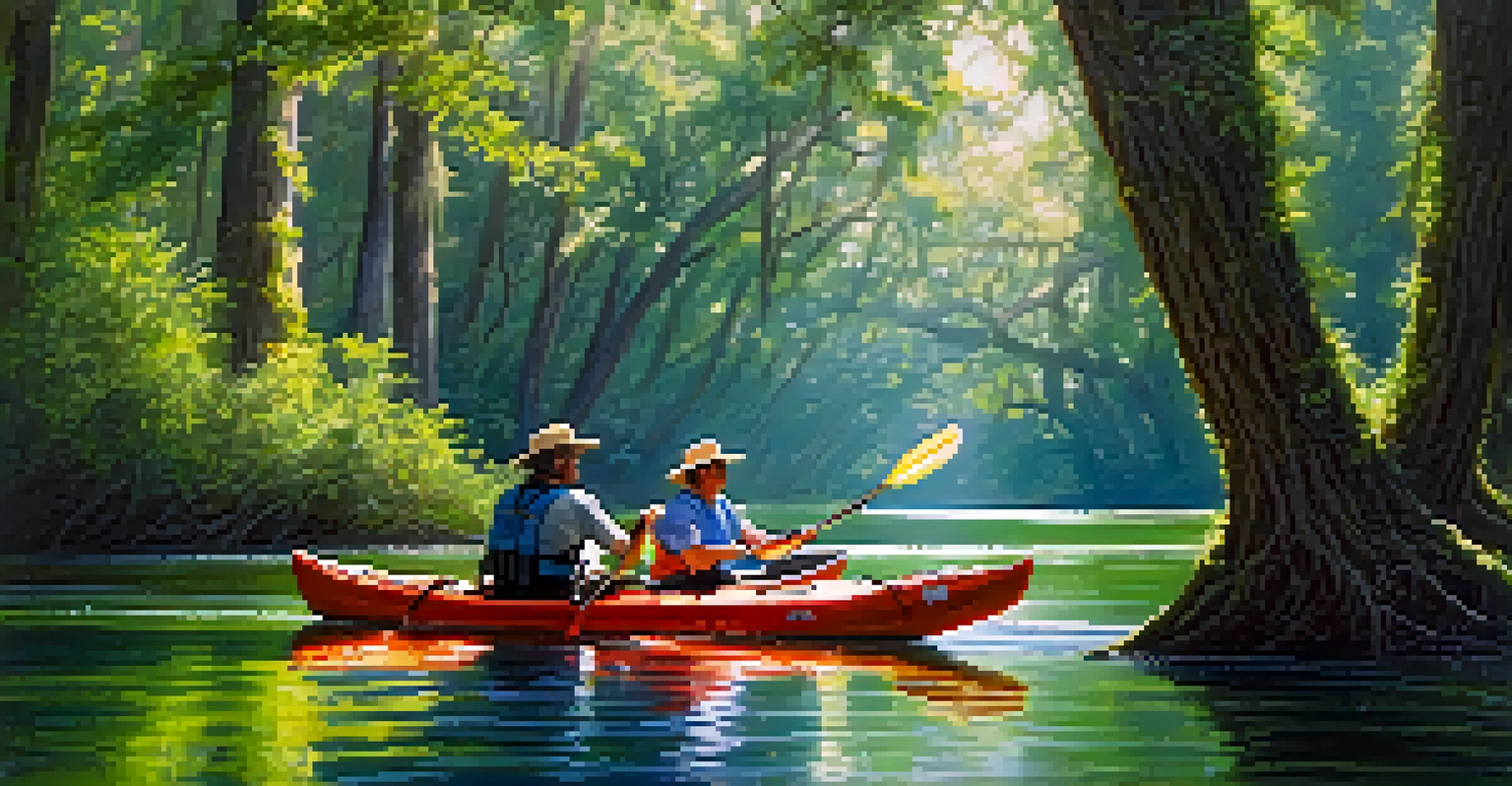 A local guide leading tourists in kayaks through the bayous of Louisiana surrounded by lush nature.