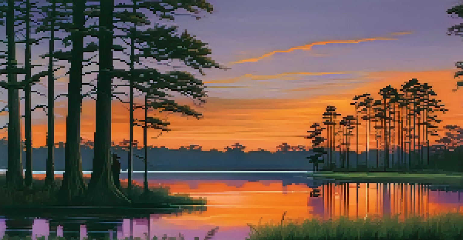 A serene sunset over a bayou in Louisiana, with silhouettes of cypress trees and residents sharing experiences in the foreground.