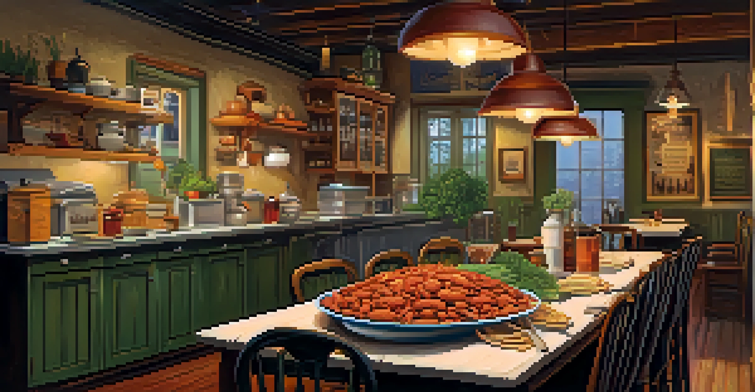 A cozy Cajun kitchen with a wooden table displaying classic Louisiana seafood dishes, surrounded by herbs and spices.