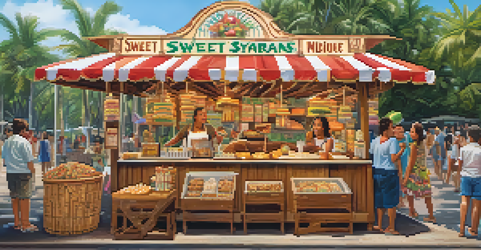 A festival booth filled with sugar cane treats, showcasing candies and syrups, with families enjoying the festive atmosphere.