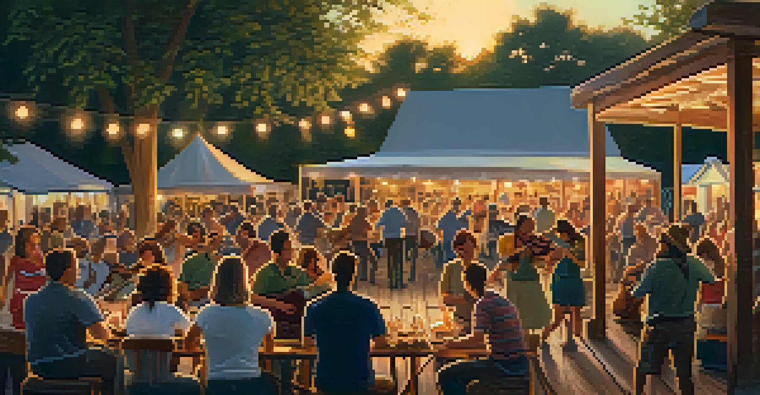 A cozy Cajun music festival with musicians on stage, lively dancing crowd, and a warm sunset in Southern Louisiana.