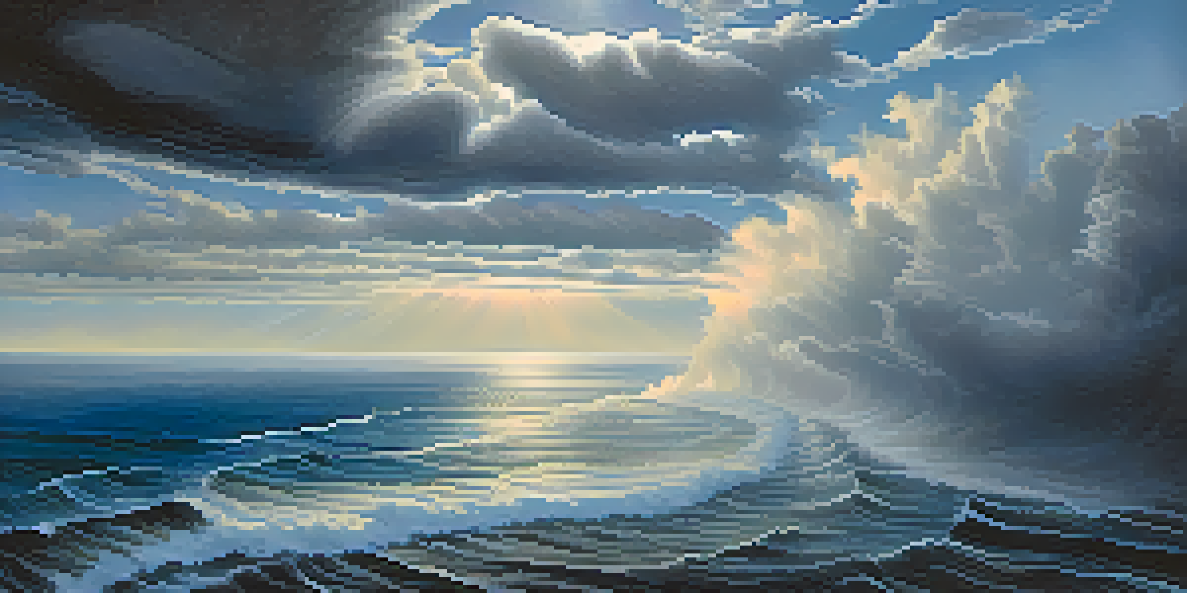 Aerial view of a hurricane forming over the ocean, with swirling clouds and contrasting sunlight.