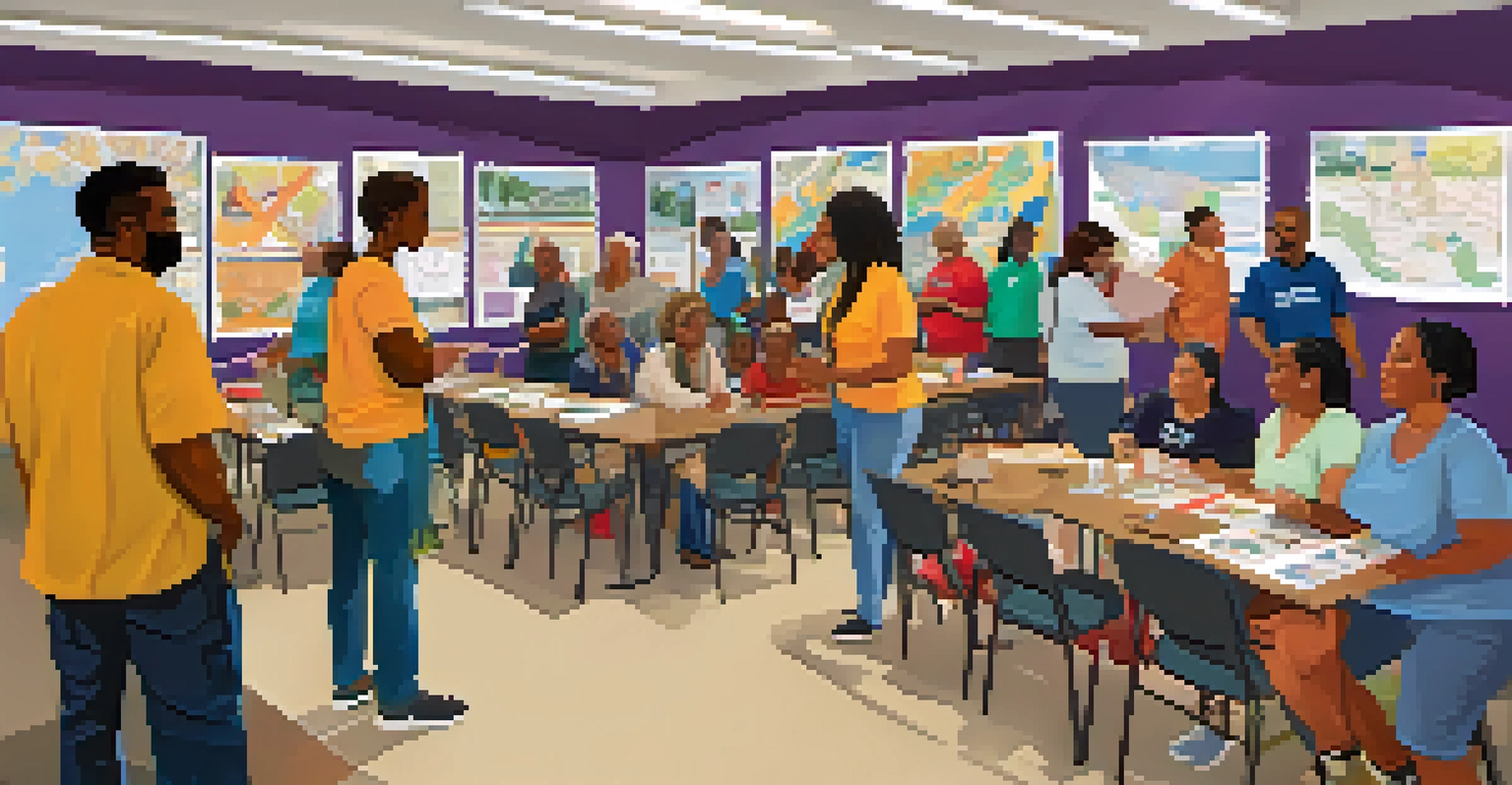 A community workshop in Louisiana focusing on hurricane preparedness, with residents engaging in discussions and practicing drills in a vibrant community center.