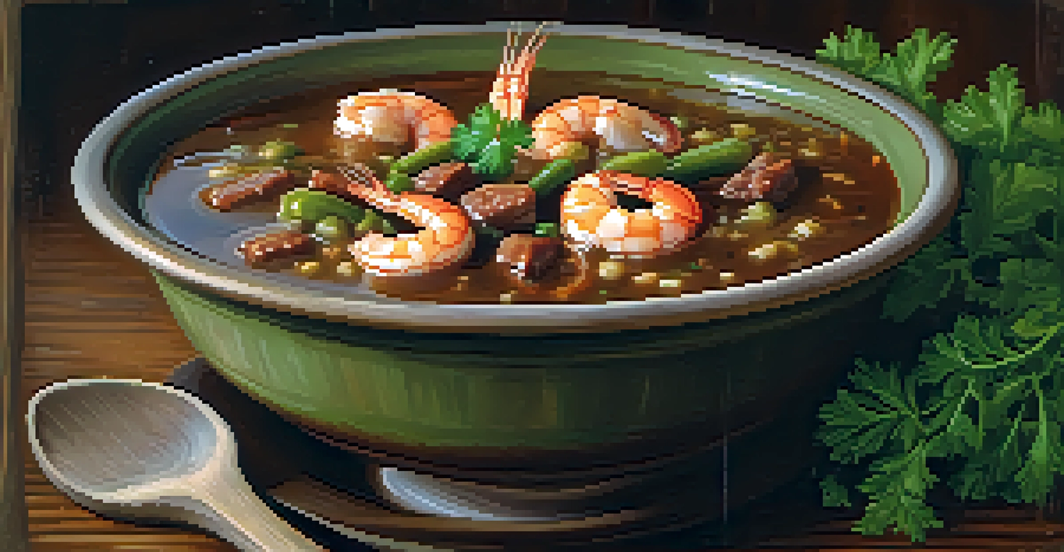 A steaming bowl of gumbo with shrimp, sausage, and okra, garnished with parsley on a rustic table.
