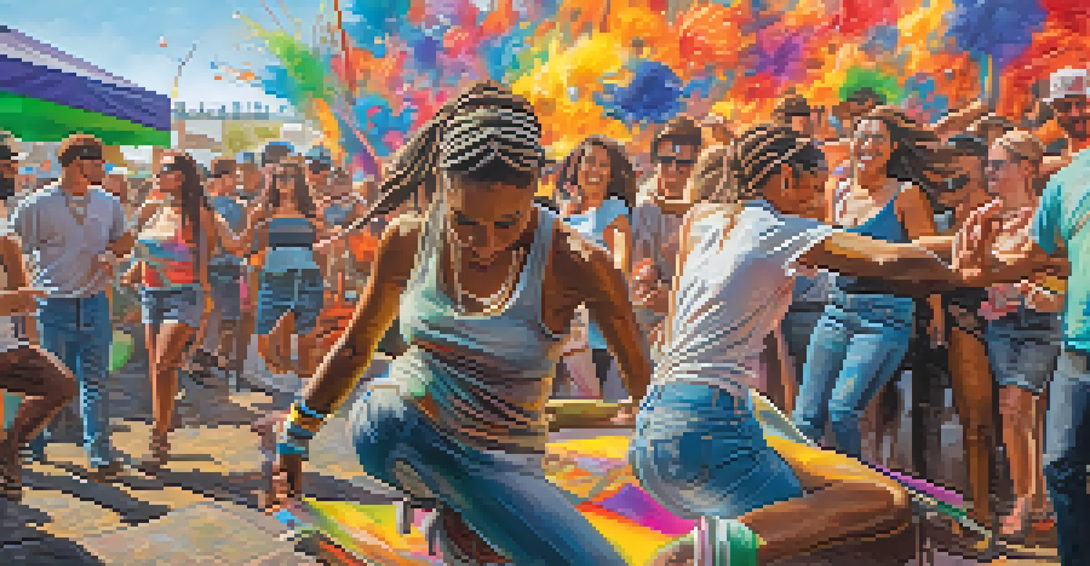 An artist painting a vibrant mural at a festival, surrounded by people enjoying the art and music in a lively atmosphere.