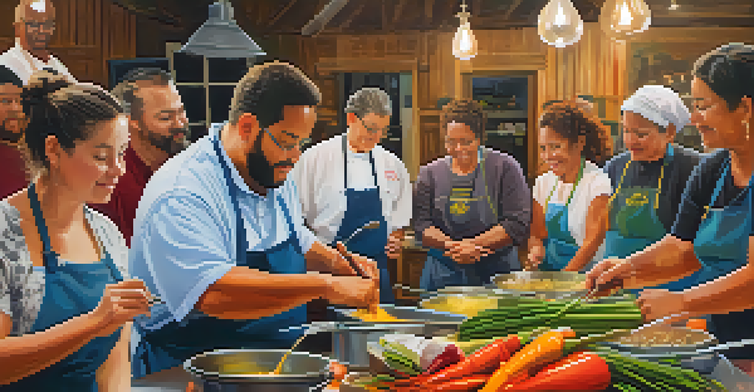 A local artist conducting a Cajun cooking workshop with participants engaged in the process, surrounded by colorful ingredients.