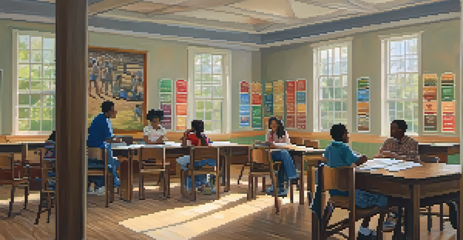 Students in a classroom in Louisiana discussing their cultural heritage, with artwork on the walls and a warm atmosphere created by natural light.