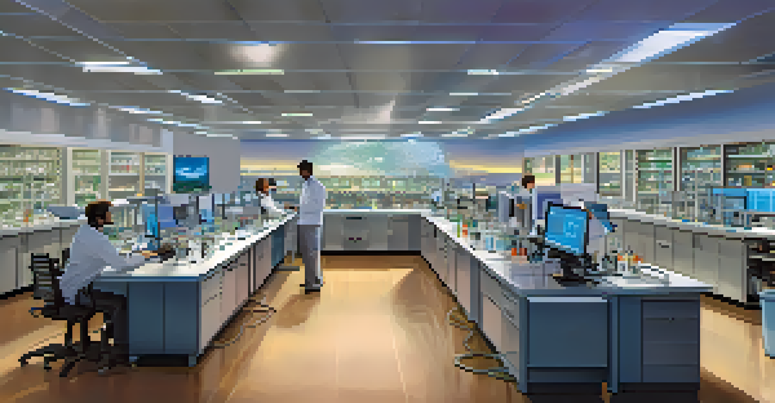 A high-tech research lab with diverse scientists working together on experiments, surrounded by modern equipment and bright lighting.